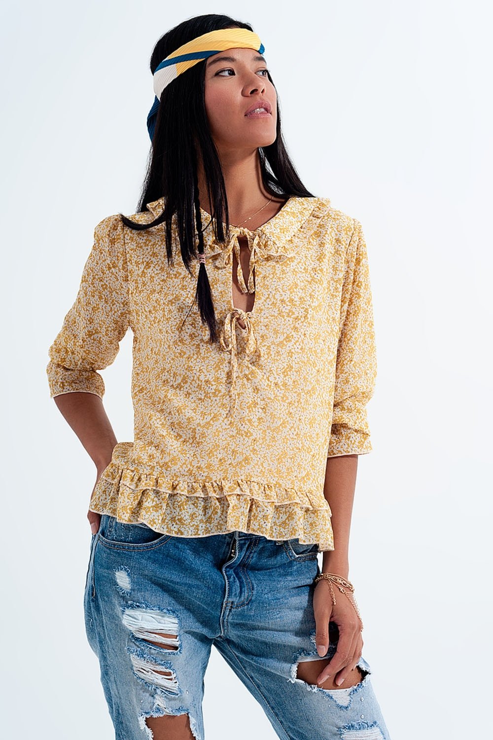 Q2 - Tie Front Chiffon Blouse in Yellow Floral Print - 1 COLOR -