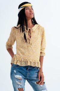 Thumbnail for Q2 - Tie Front Chiffon Blouse in Yellow Floral Print - 1 COLOR -