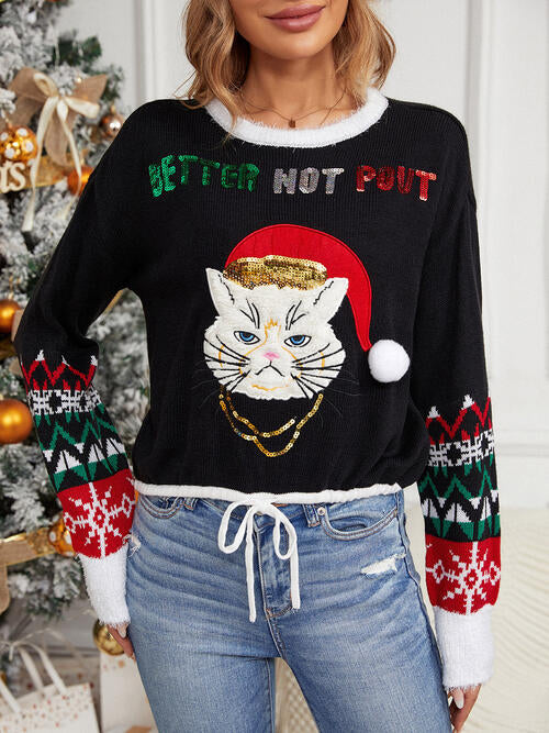 Sequin Drawstring Long Sleeve Sweater - "Better Not Pout" - T - 1 COLOR -