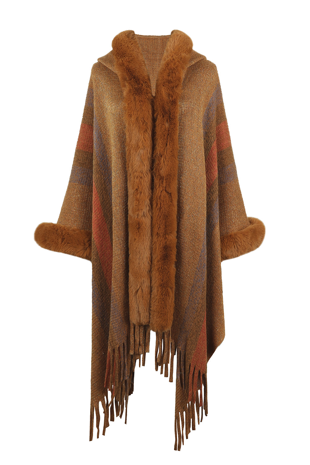 Color Block Fringe Detail Poncho - T - 4 COLORS -