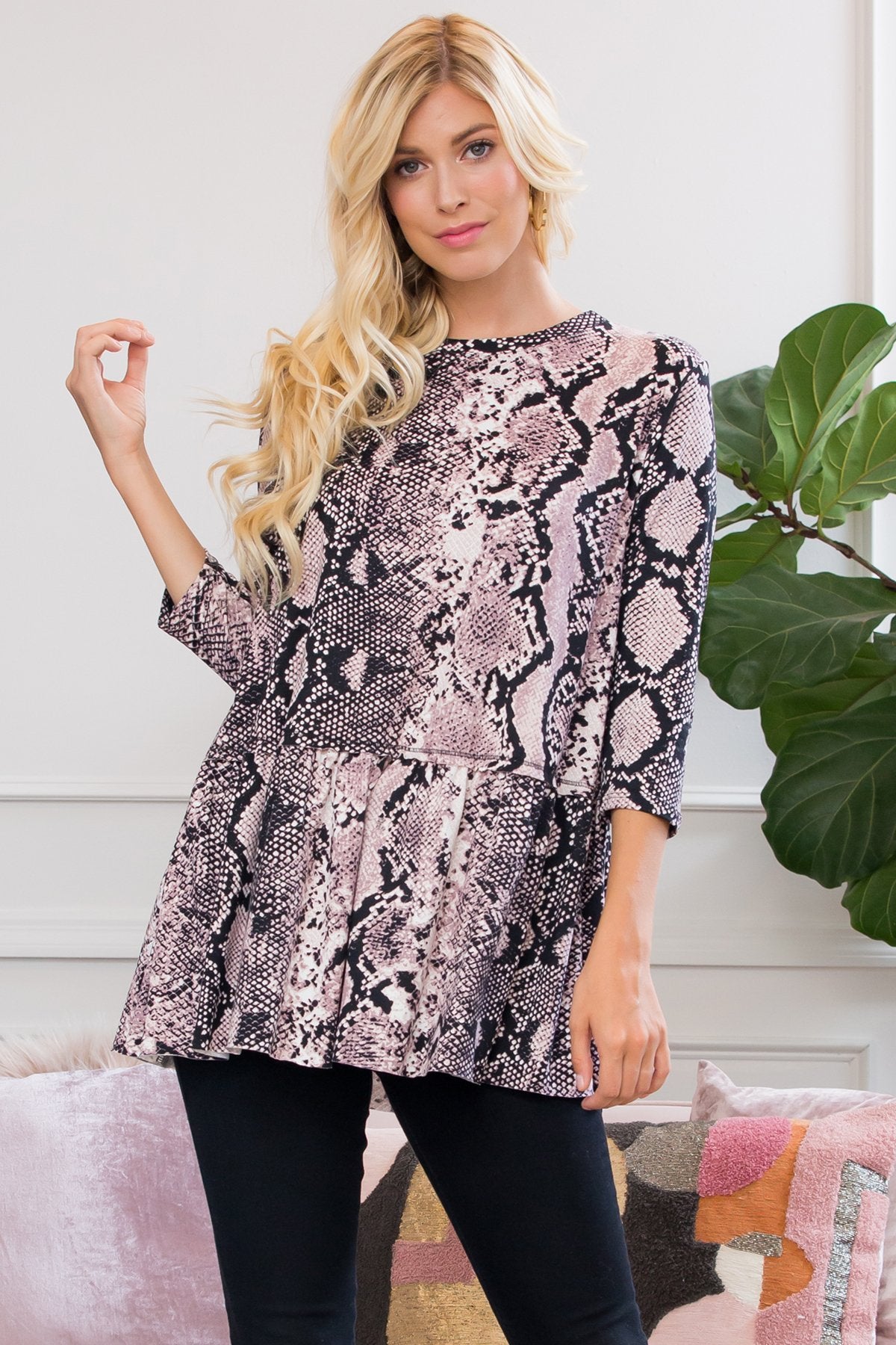 Riah Fashion - Fierce Look Snake Skin Ruffled Tunic - 3 COLORS -