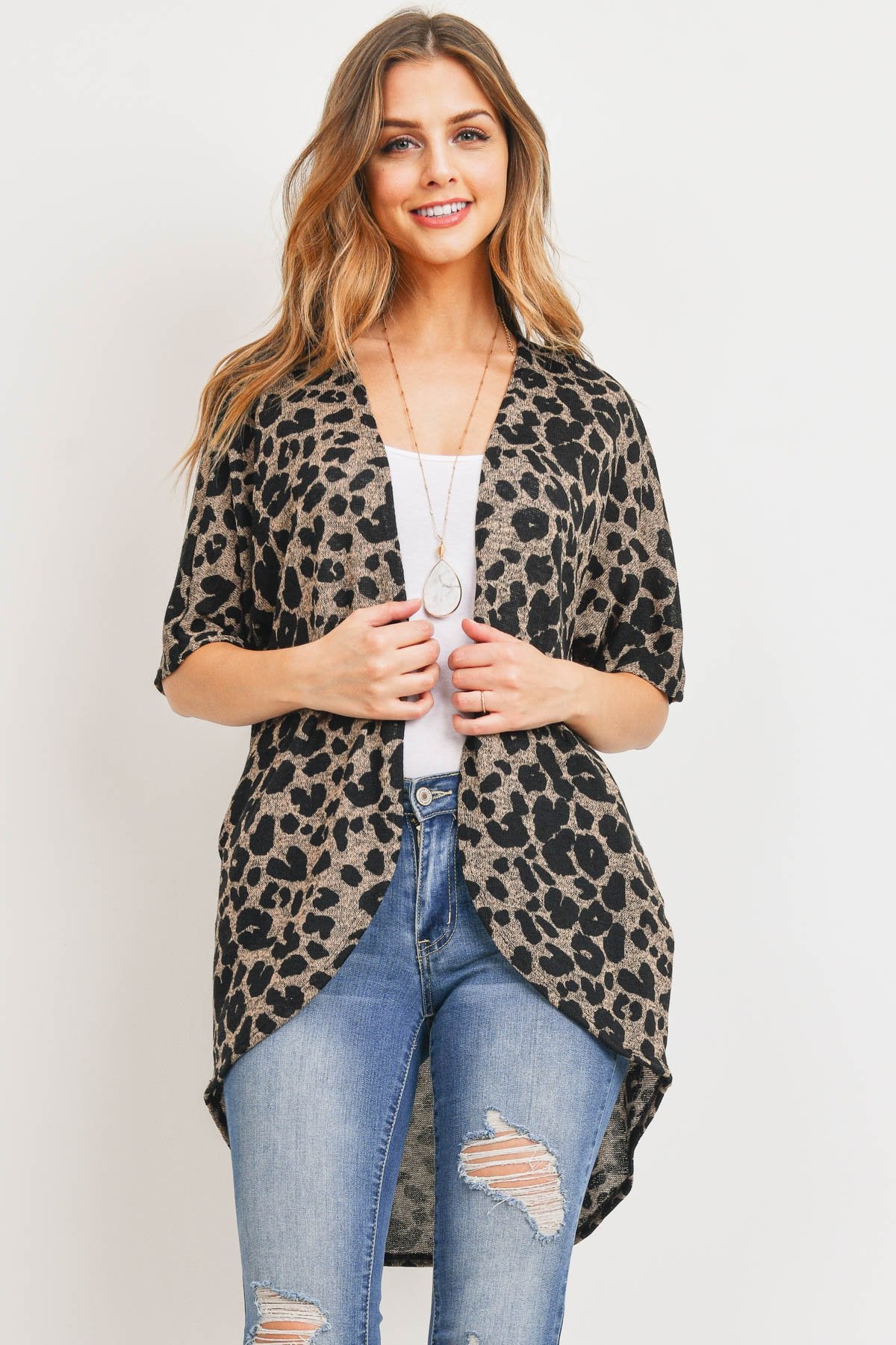 Riah Fashion - Leopard Short Sleeves Open Front Hi-Low Cardigan - 3 COLORS -