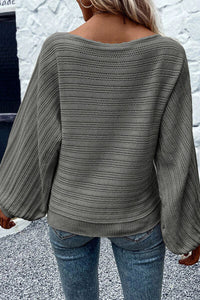 Thumbnail for Openwork Boat Neck Lantern Sleeve Sweater - T - 4 COLORS -