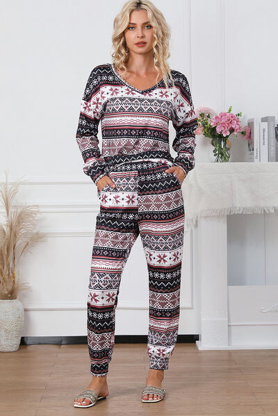 Printed V-Neck Top and Pants Lounge Set - T - 1 MULTI COLOR -