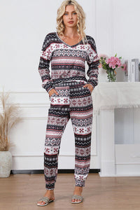 Thumbnail for Printed V-Neck Top and Pants Lounge Set - T - 1 MULTI COLOR -