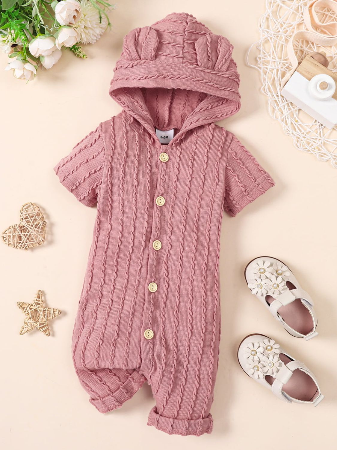 Baby Textured Button Front Hooded Jumpsuit with Ears - T - 5 SIZES - 1 COLOR -