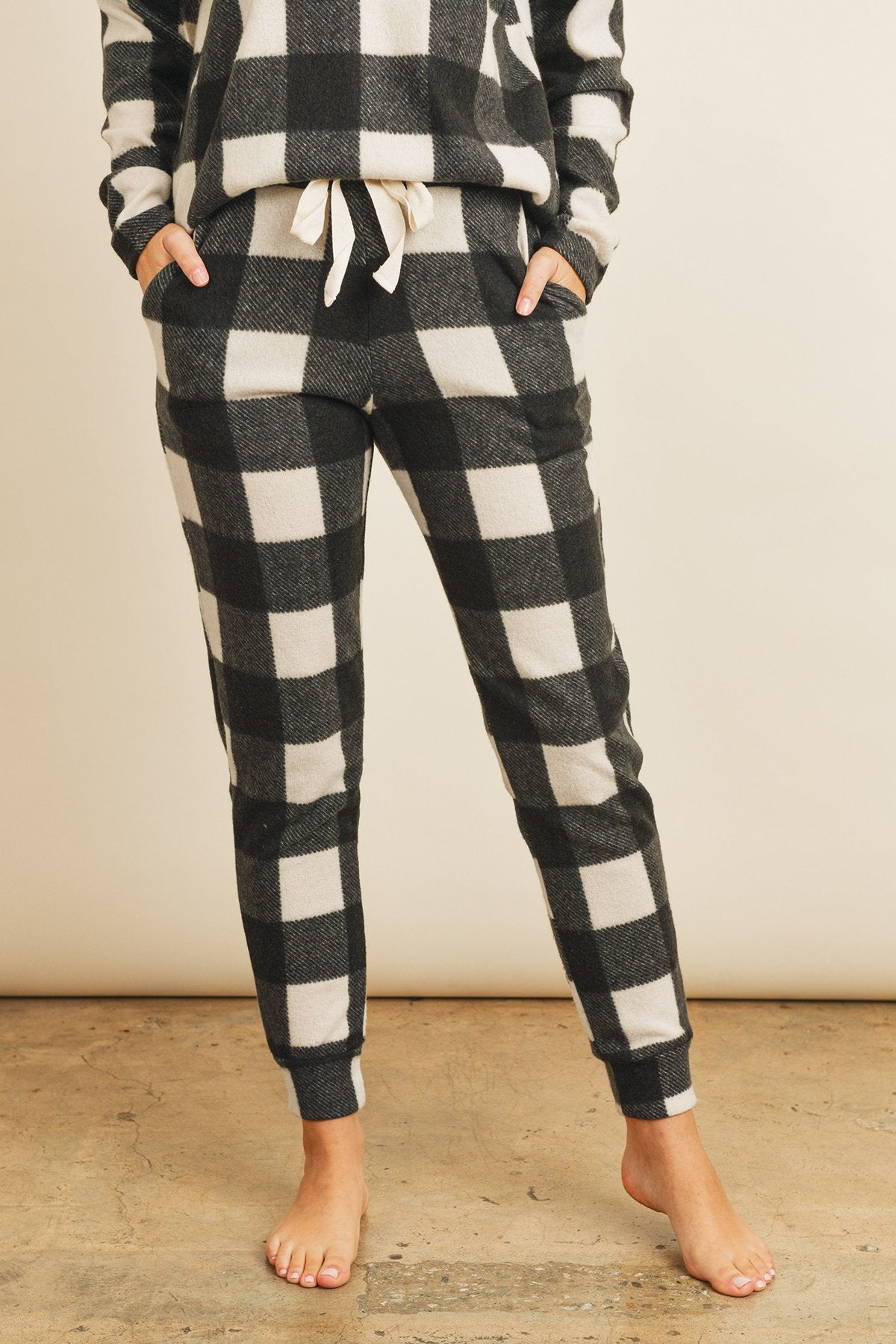 Riah Fashion - Brushed Plaid Top and Joggers Set With Self Tie - 2 PCS - 2 COLORS