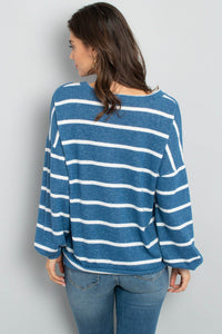 Thumbnail for Riah Fashion - Oversized Puff Sleeved V-Neck Striped Top - 4 COLORS -