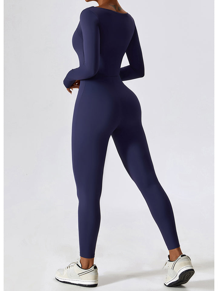 Square Neck Long Sleeve Sports Jumpsuit - T - 1 COLOR -