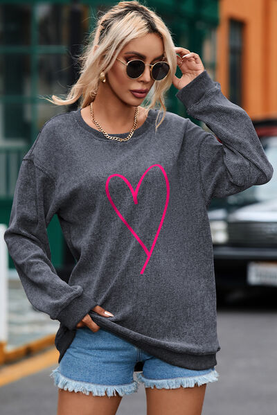 Heart Round Neck Dropped Shoulder Sweatshirt - T - 4 COLORS -