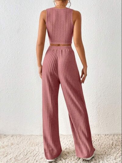 Ribbed Round Neck Tank and Pants Cropped Sweater Set - 2 PCS. - T - 5 COLORS -