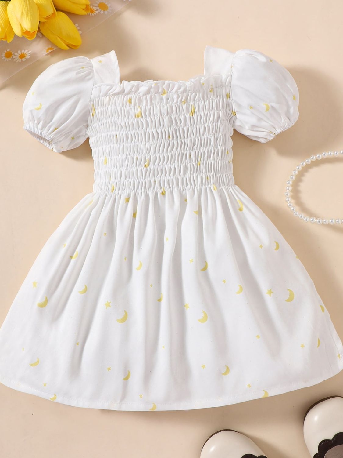 Baby Girl Printed Square Neck Smocked Dress - T - 5 SIZES - 2 COLORS -