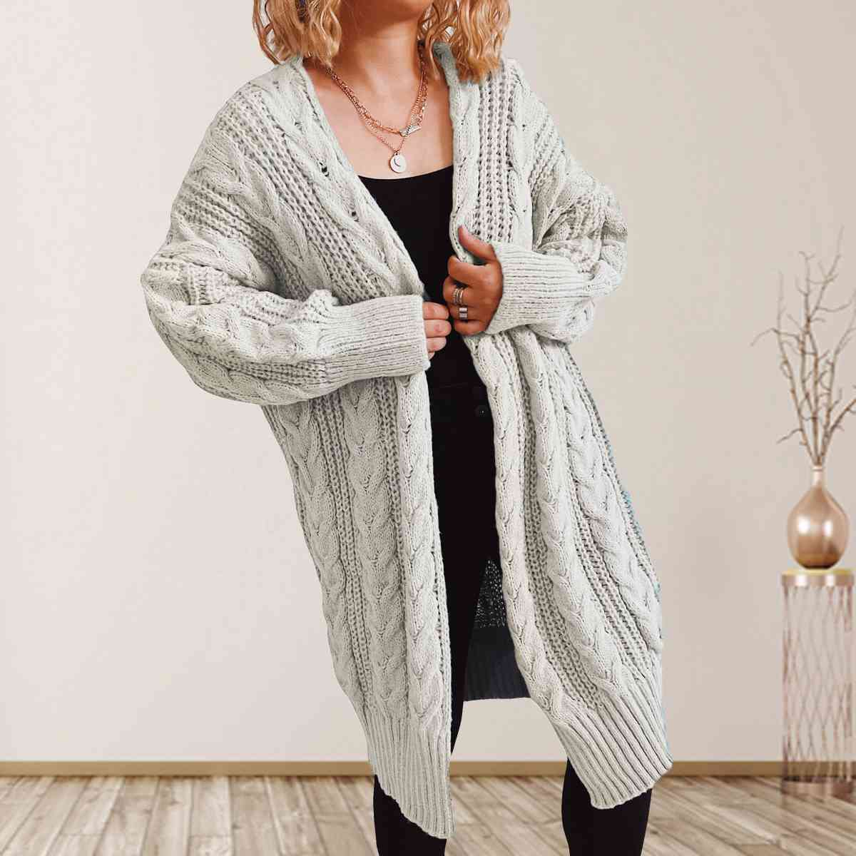 Cable-Knit Open Front Dropped Shoulder Cardigan - T - 6 COLORS -