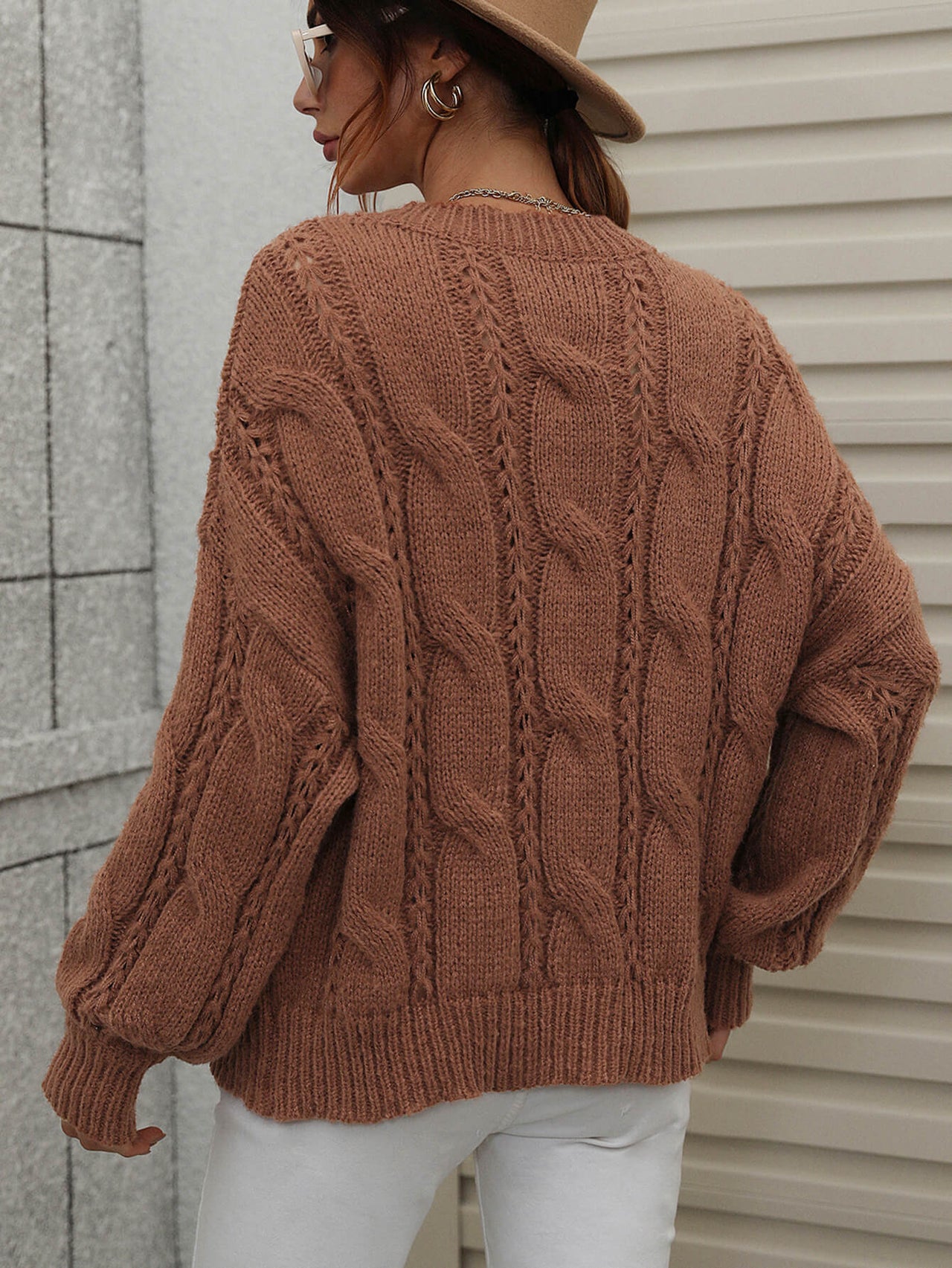 Woven Right Cable-Knit Openwork Round Neck Sweater - T - 6 COLORS -