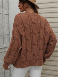 Thumbnail for Woven Right Cable-Knit Openwork Round Neck Sweater - T - 6 COLORS -