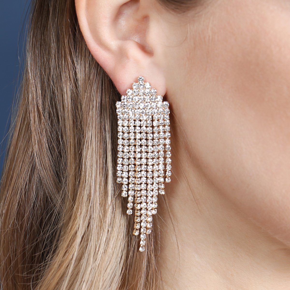 Multi Line Rhinestone Fringe Post Earrings - 2 FINISHES -