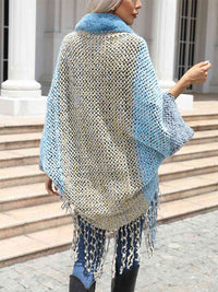 Thumbnail for Color Block Open Front Fringe Hem Poncho - T - 1 COLOR -