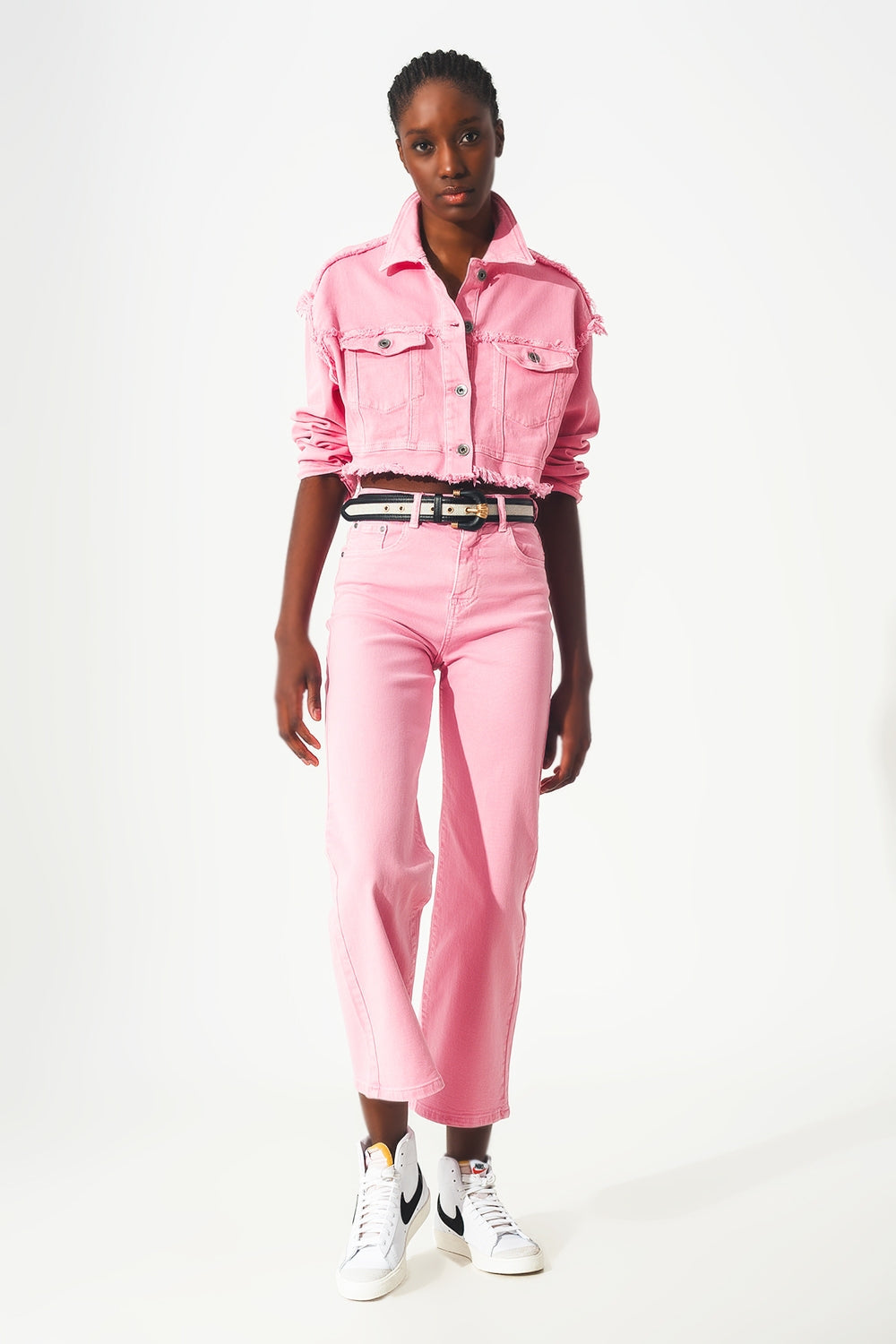 Q2 - Cropped Denim Trucker Jacket in Pink - 1 COLOR -