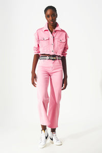 Thumbnail for Q2 - Cropped Denim Trucker Jacket in Pink - 1 COLOR -