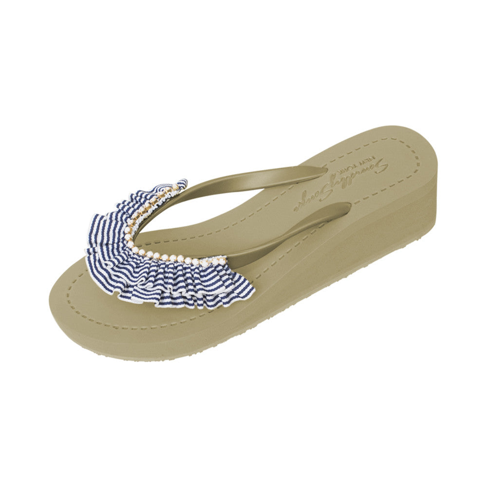 SAND BY SAYA N.Y. - Rockaway Stripe - Rhinestone & Ruffle Mid Wedge Flip Flops - 2 COLORS -