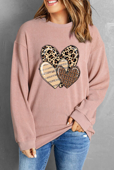 Heart Ribbed Round Neck Sweatshirt - T - 1 COLOR -