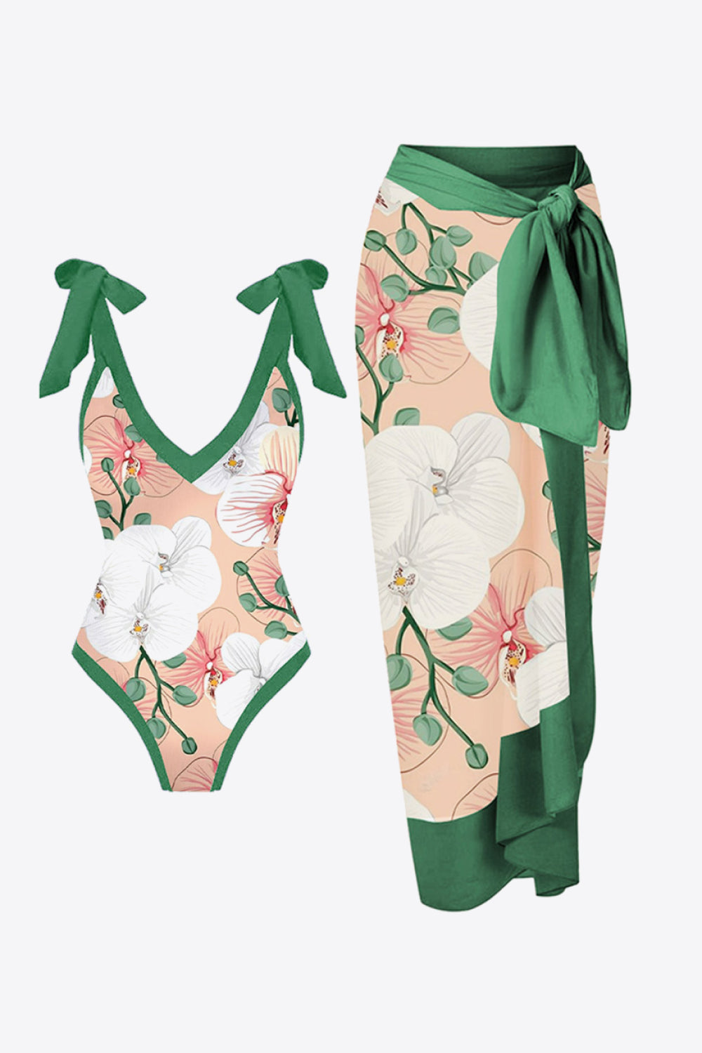 Floral V-Neck Two-Piece Swim Set - 2 PCS - T - 1 COLOR -