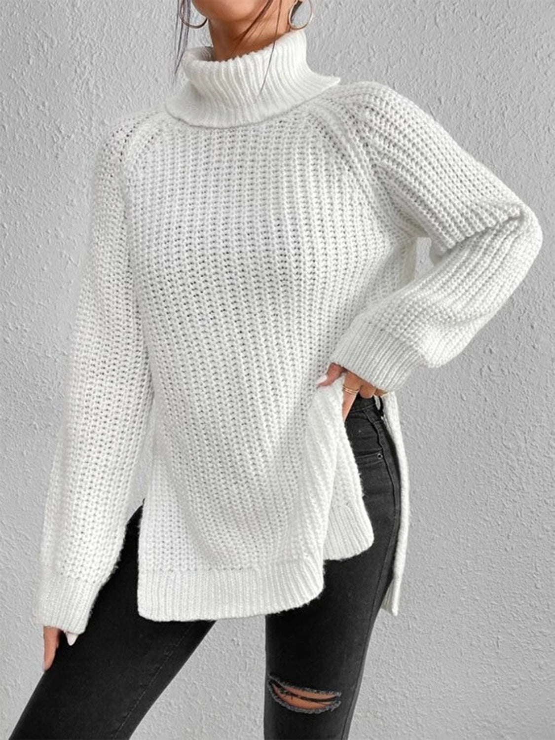 Full Size Turtleneck Rib-Knit Slit Sweater - T - 12 COLORS -