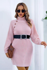 Thumbnail for Buttoned Turtleneck Long Sleeve Sweater Dress - T - 3 COLORS -