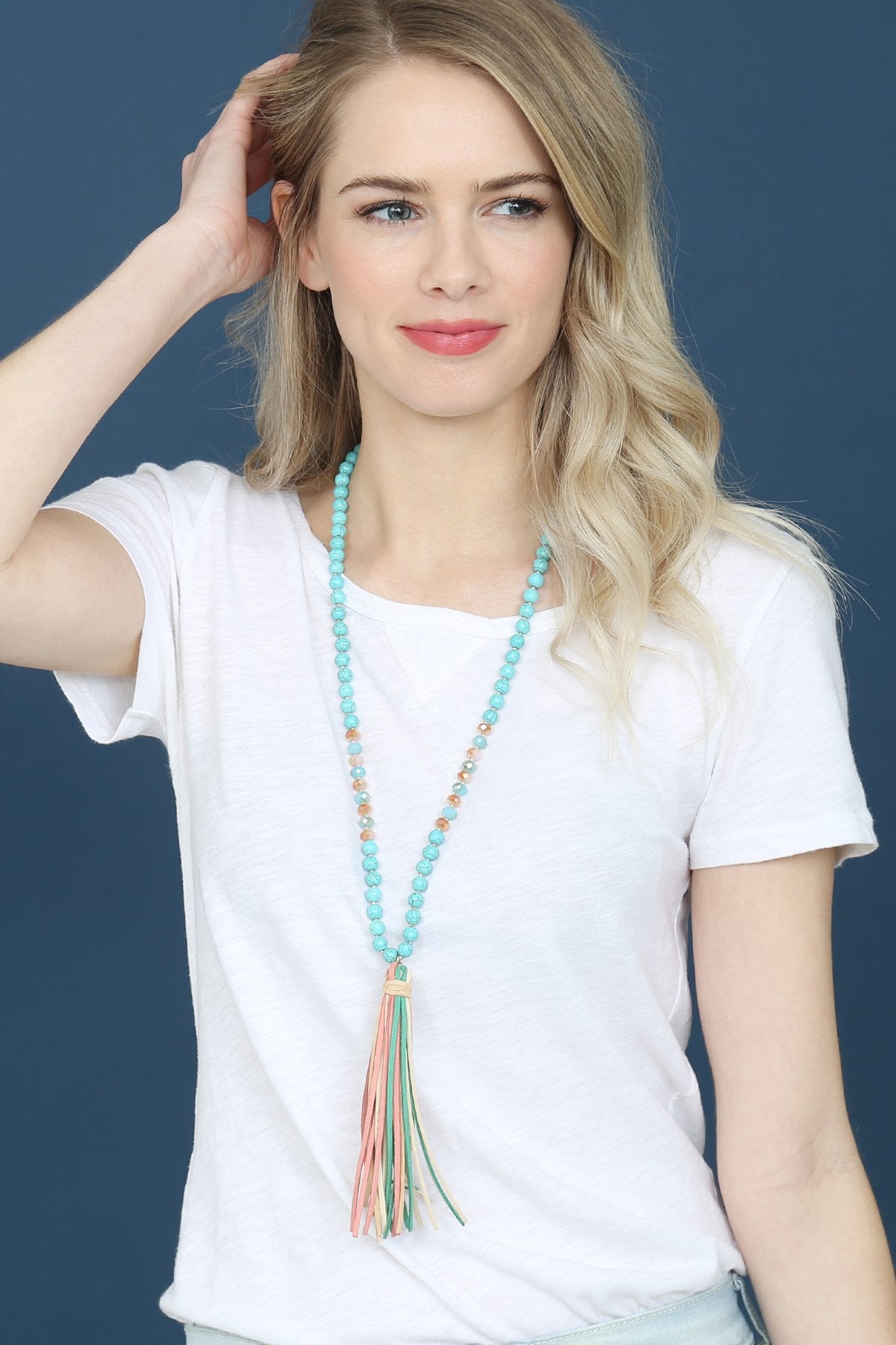 Riah Fashion - Colorful Natural Stone Glass Beads Leather Tassel Necklace - 7 COLORS -