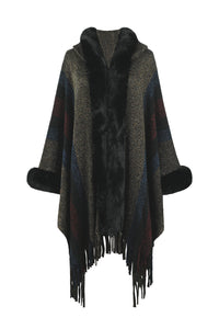 Thumbnail for Color Block Fringe Detail Poncho - T - 4 COLORS -