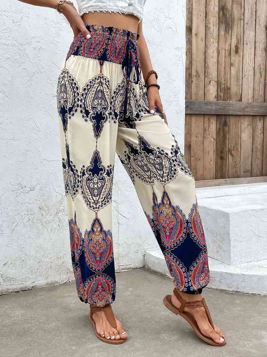 Printed Smocked High Waist Pants - Beach or Everyday - T - 1 COLOR -