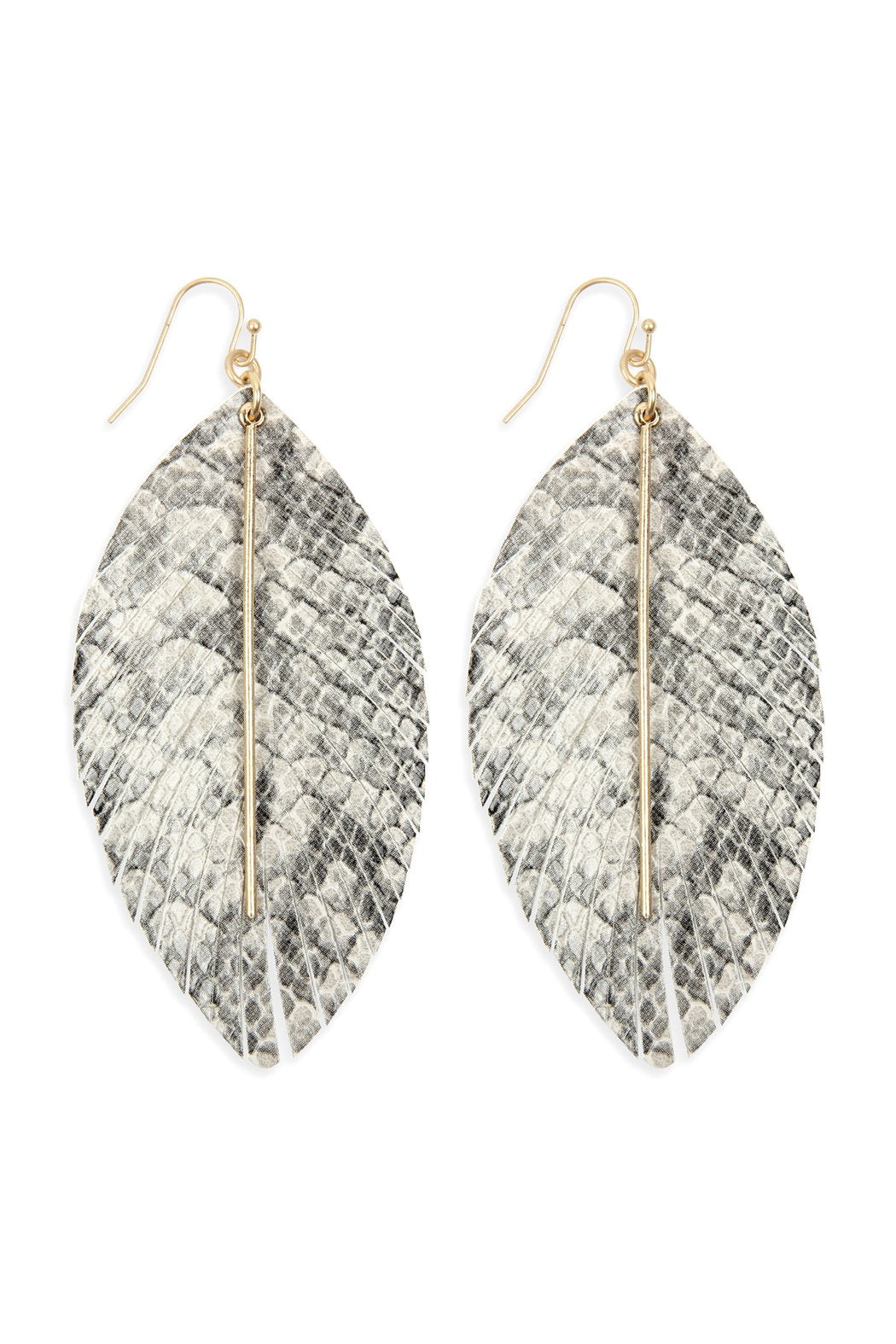 Leather Feather Snakeskin Fish Hook Bar Earrings - 5 COLORS -