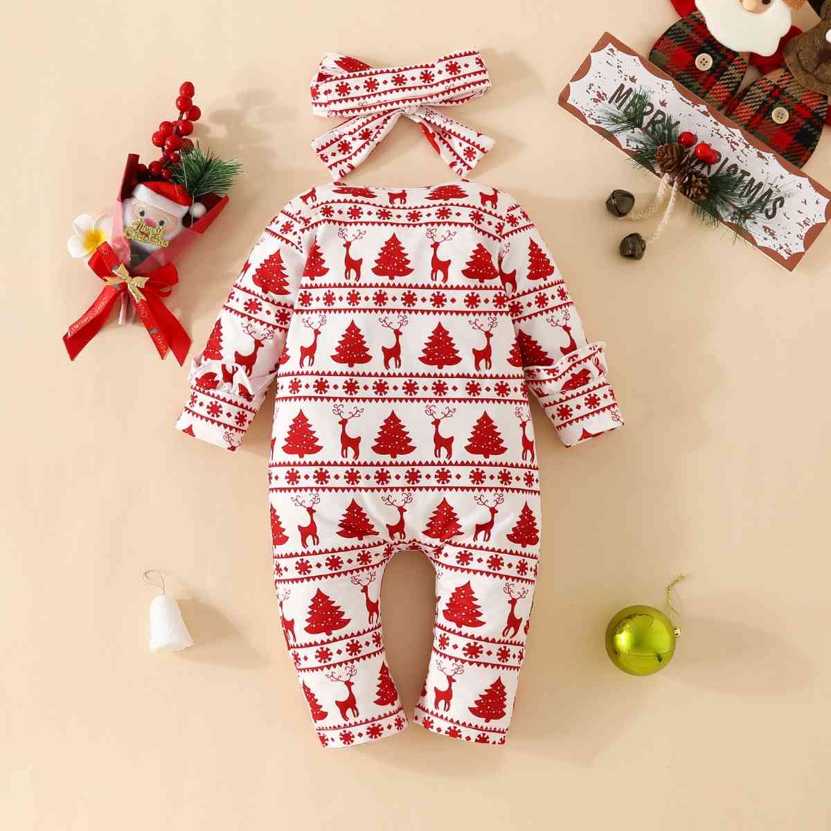 BABY Christmas Zip Detail Ruffled Jumpsuit with Headband - 2 PCS. - T - 1 COLOR -