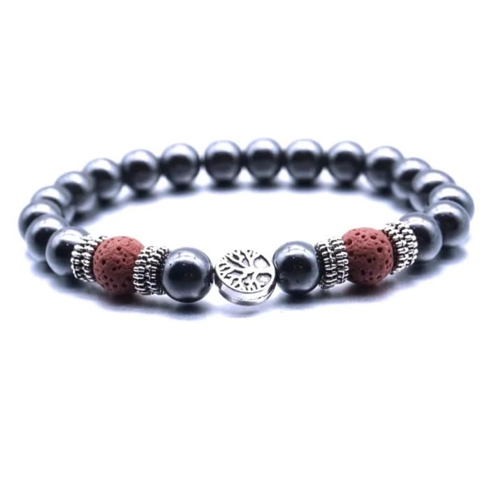 Red Tree of Life Lava Stone Metal Bracelet -