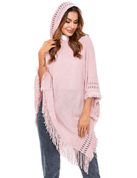 Thumbnail for Women's Print or Plain Fringe Hooded Knit Cape Shawl - K - 2 Print patterns - 4 COLORS -