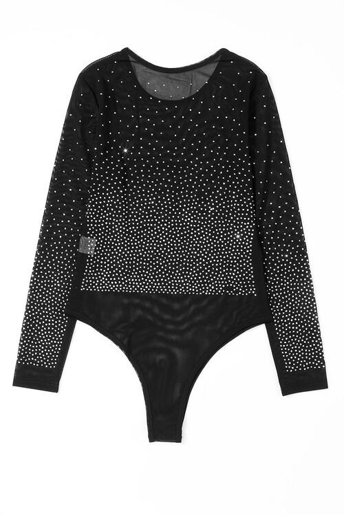 Rhinestone Embellished Mesh Long Sleeve Bodysuit - T - 1 COLOR -