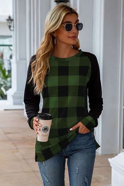 Plaid Round Neck Long Sleeve T-Shirt - T - 5 COLORS -