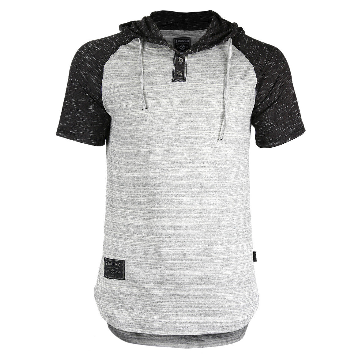 Short Sleeve Raglan Henley Hoodie Round Bottom Semi Longline T-Shirt - 1 COLOR