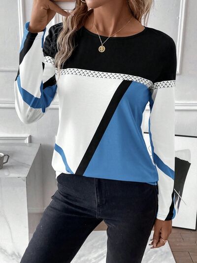 Contrast Round Neck Long Sleeve T-Shirt - T - 4 COLORS -