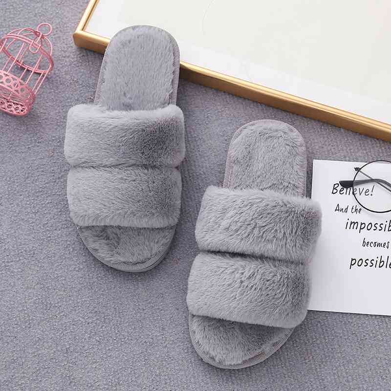 Faux Fur Double Strap Slippers - T - 5 COLORS -