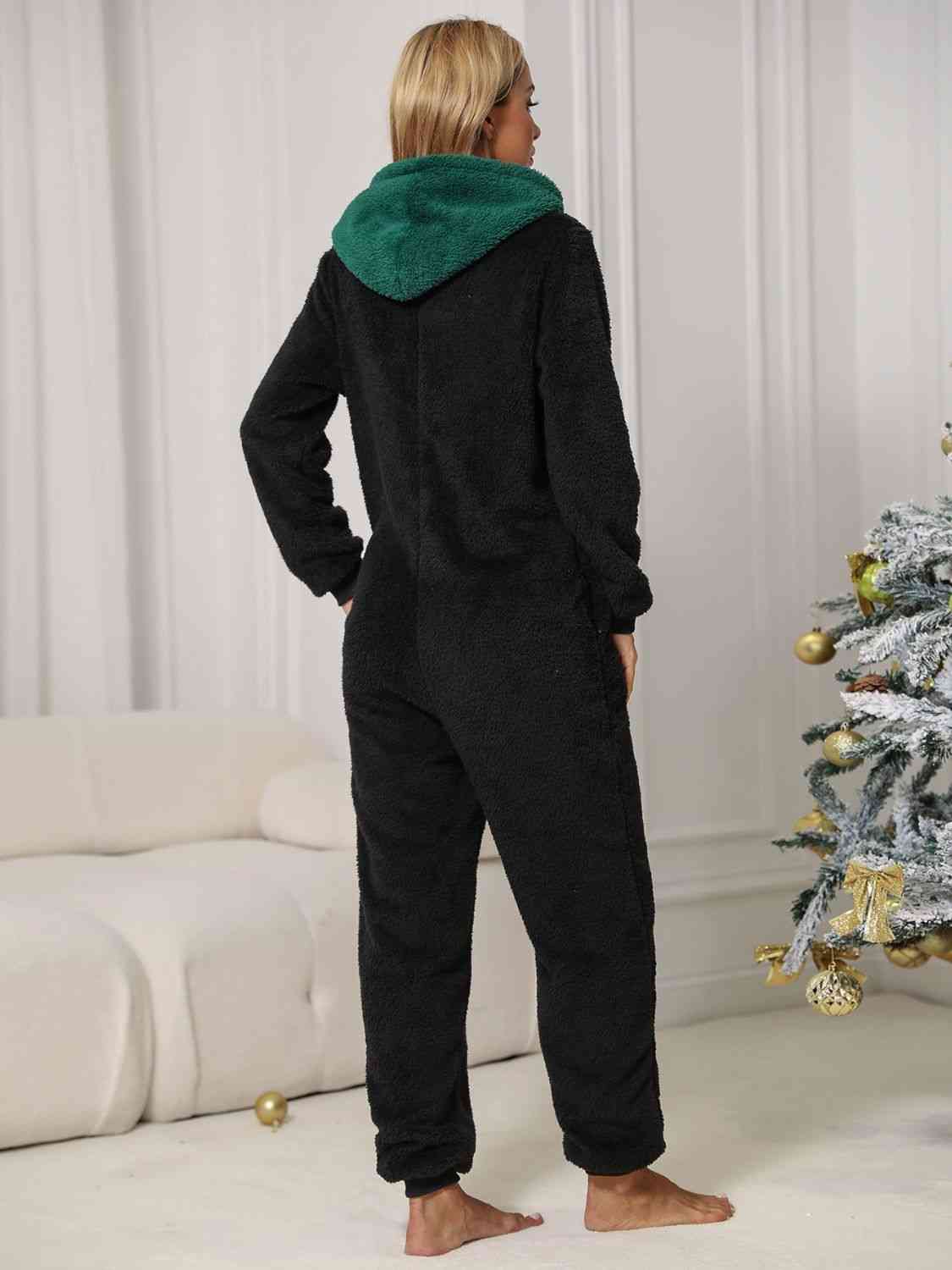 Pom-Pom Trim Zip Front Hooded Lounge Jumpsuit - T - 1 COLOR -