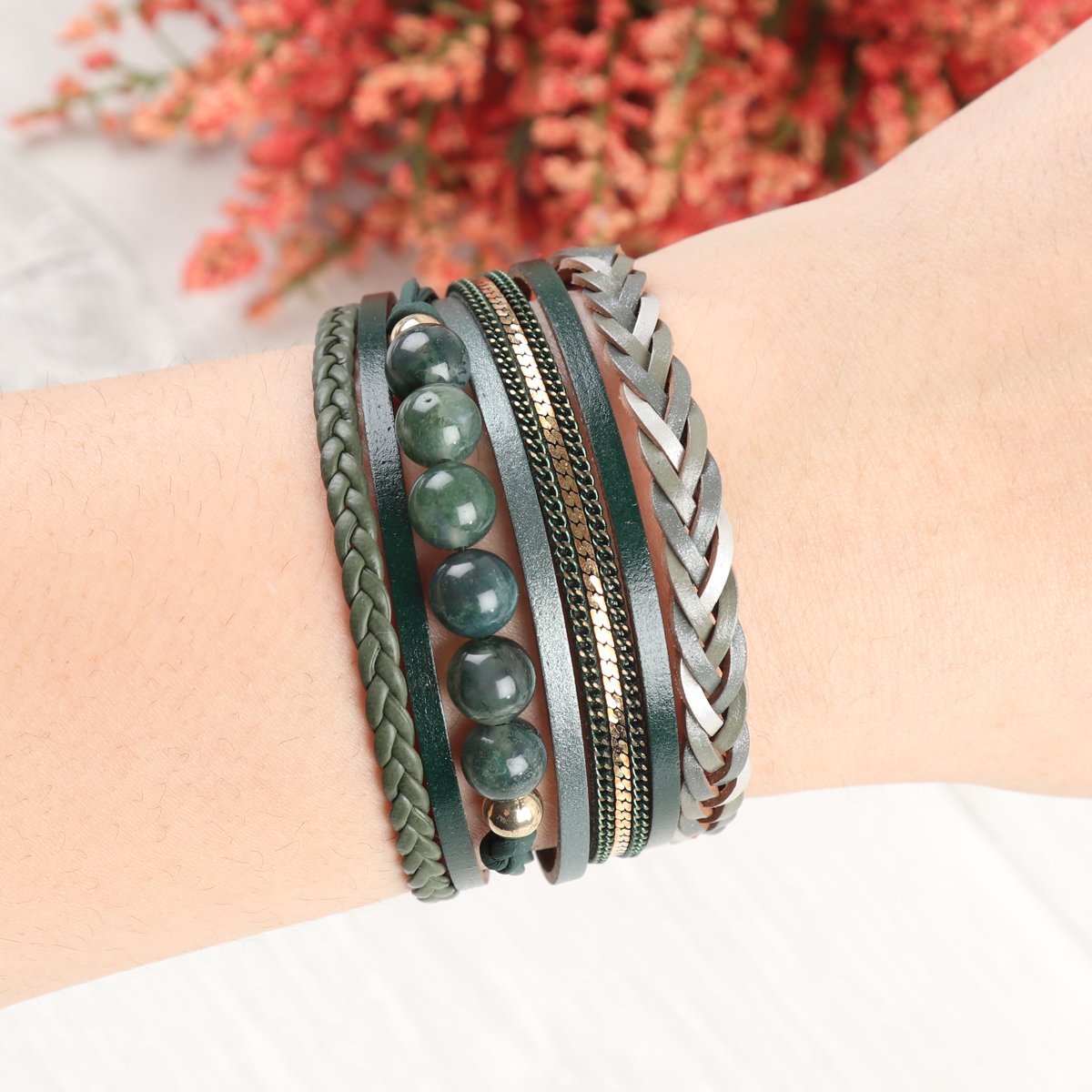 Riah Fashion - Leather Braided Beads Wrap Magnetic Bracelet - 9 COLORS -