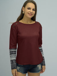 Thumbnail for Buttoned Round Neck Long Printed Sleeve Tee - T - 1 COLOR -