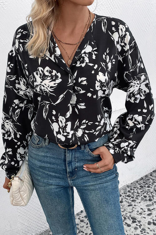 Floral Collared Neck Long Sleeve Top - T - 1 COLOR -