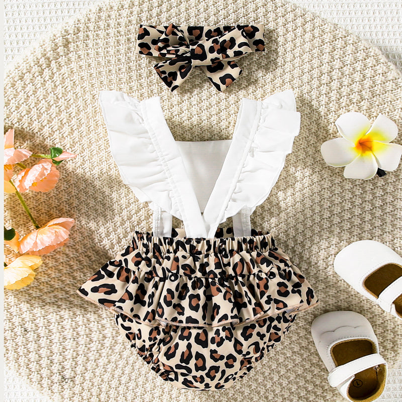 Leopard Print Cutout Square Neck Romper set with Headband - 3 PCS. - T - 1 COLOR -