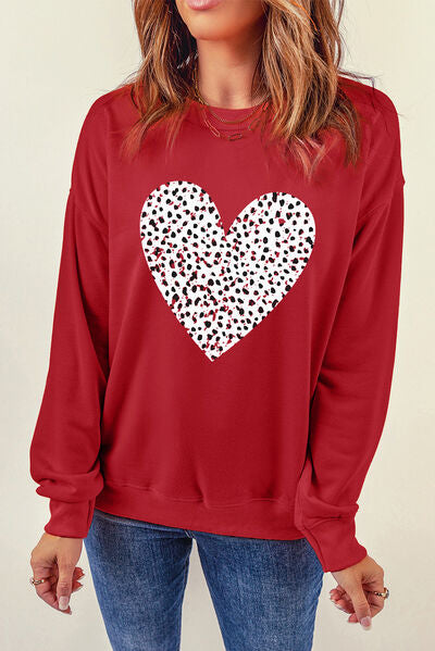 Heart Round Neck Dropped Shoulder Sweatshirt - T - 1 COLOR -