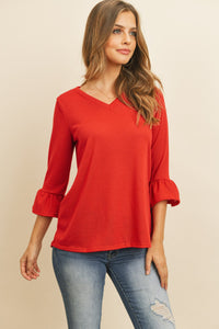 Thumbnail for Riah Fashion - Solid Bell Sleeve V-Neck Top - 5 COLORS -