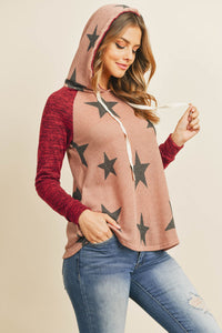 Thumbnail for Riah Fashion - Brushed Hacci Sleeve Rib Detail Star Print Hoodie With Drawstring - 3 COLORS -