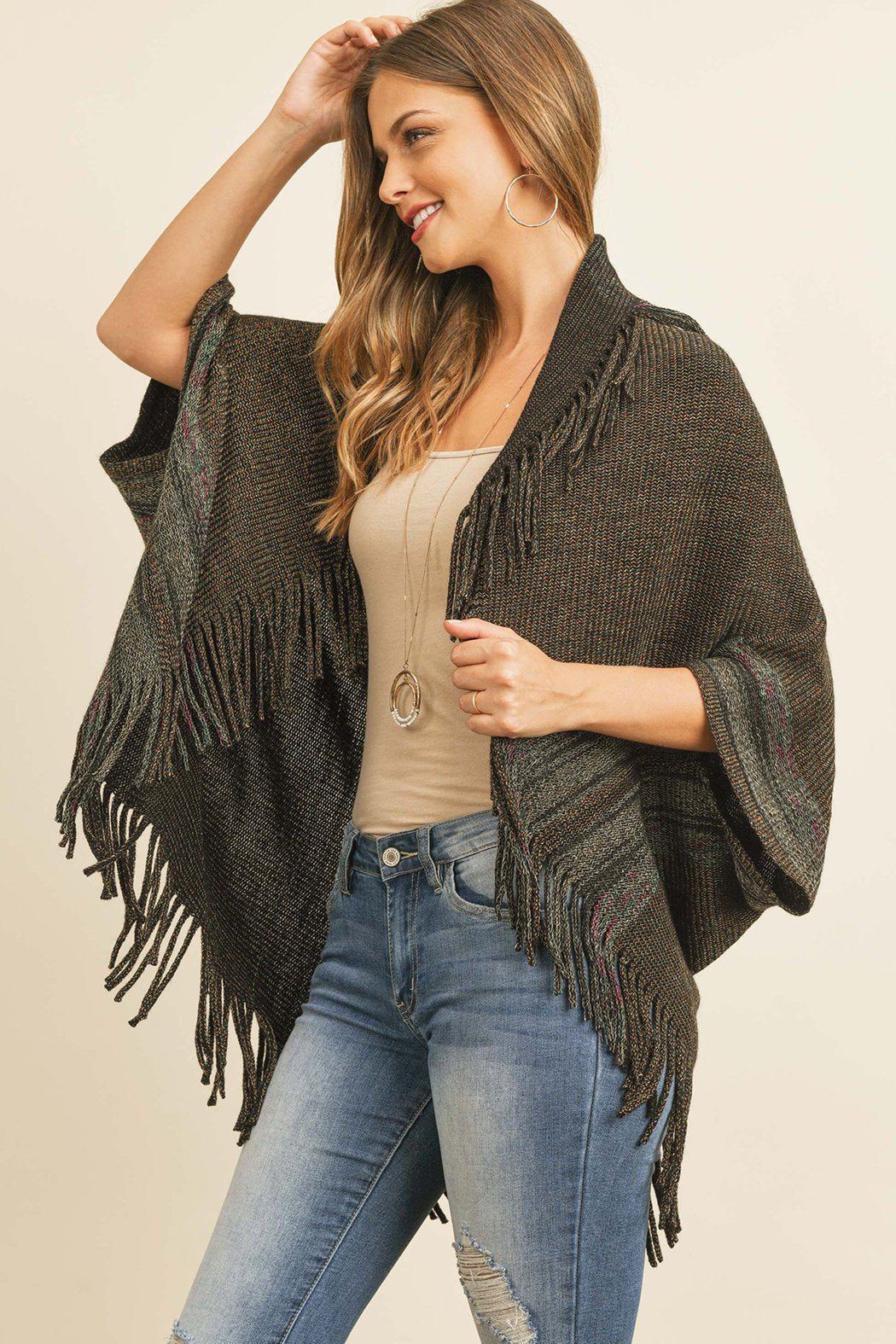 Riah Fashion - Black Fringe Stripe Open Front Kimono - 1 COLOR