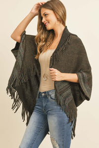 Thumbnail for Riah Fashion - Black Fringe Stripe Open Front Kimono - 1 COLOR